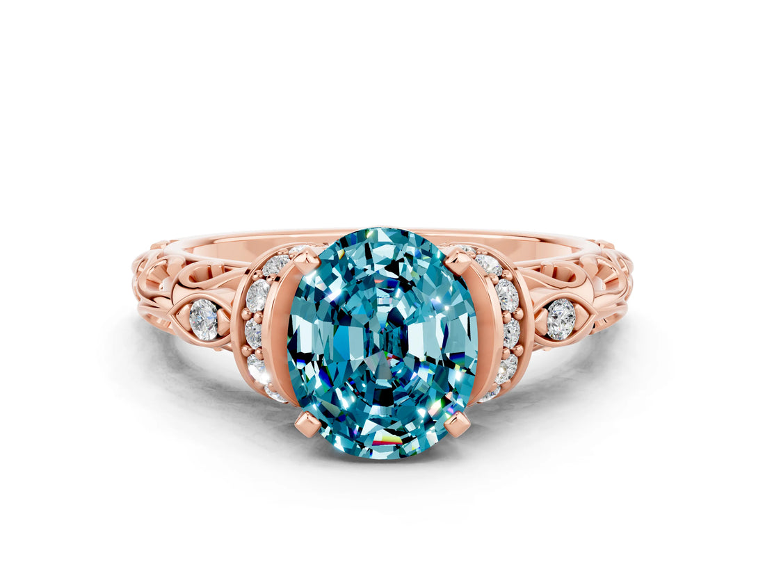 Rose gold Oval Cut Blue Topaz Solitaire Ring with Filigree Band and Four-Prong Setting_24