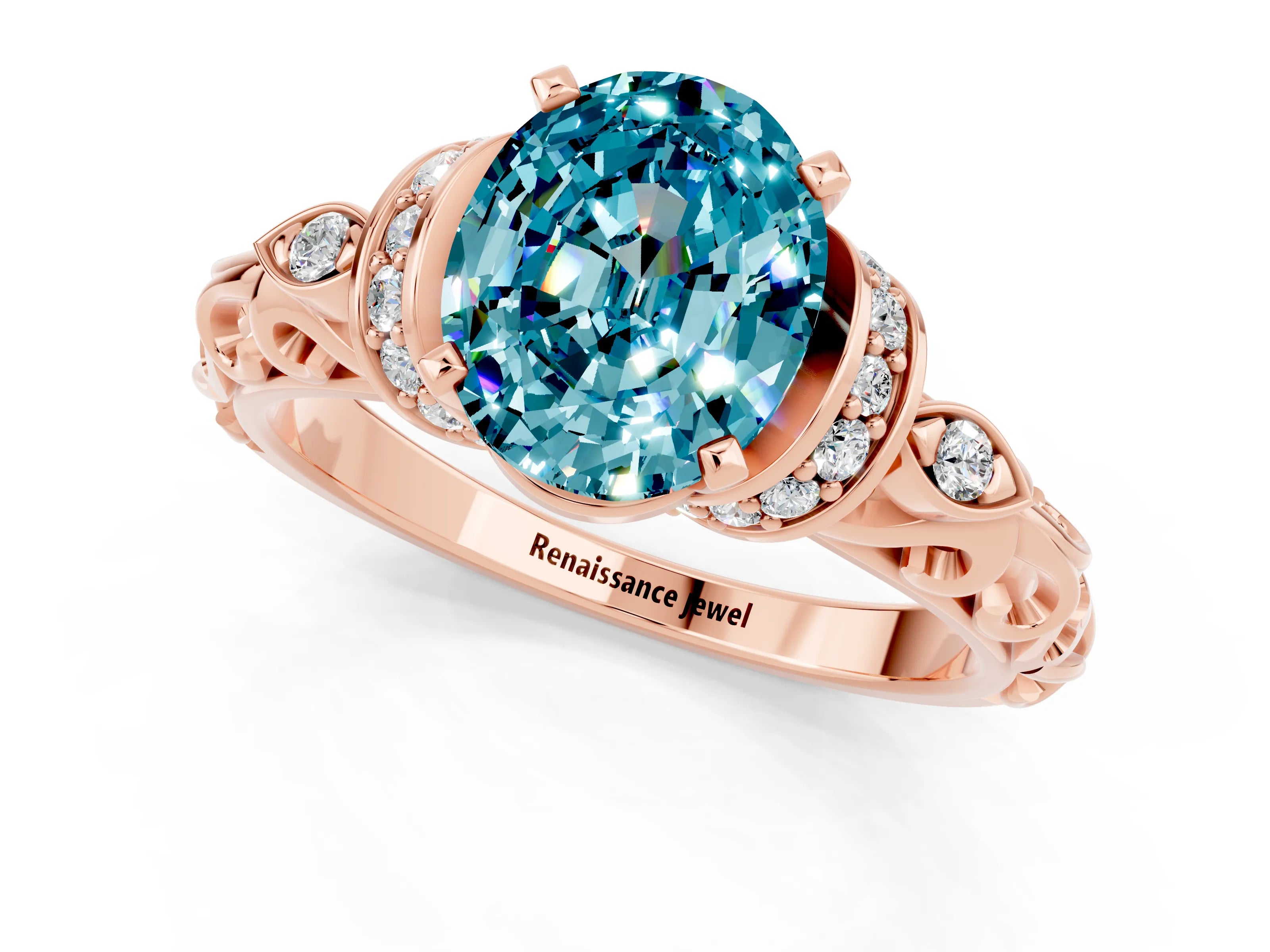 Rose gold Oval Cut Blue Topaz Solitaire Ring with Filigree Band and Four-Prong Setting_25