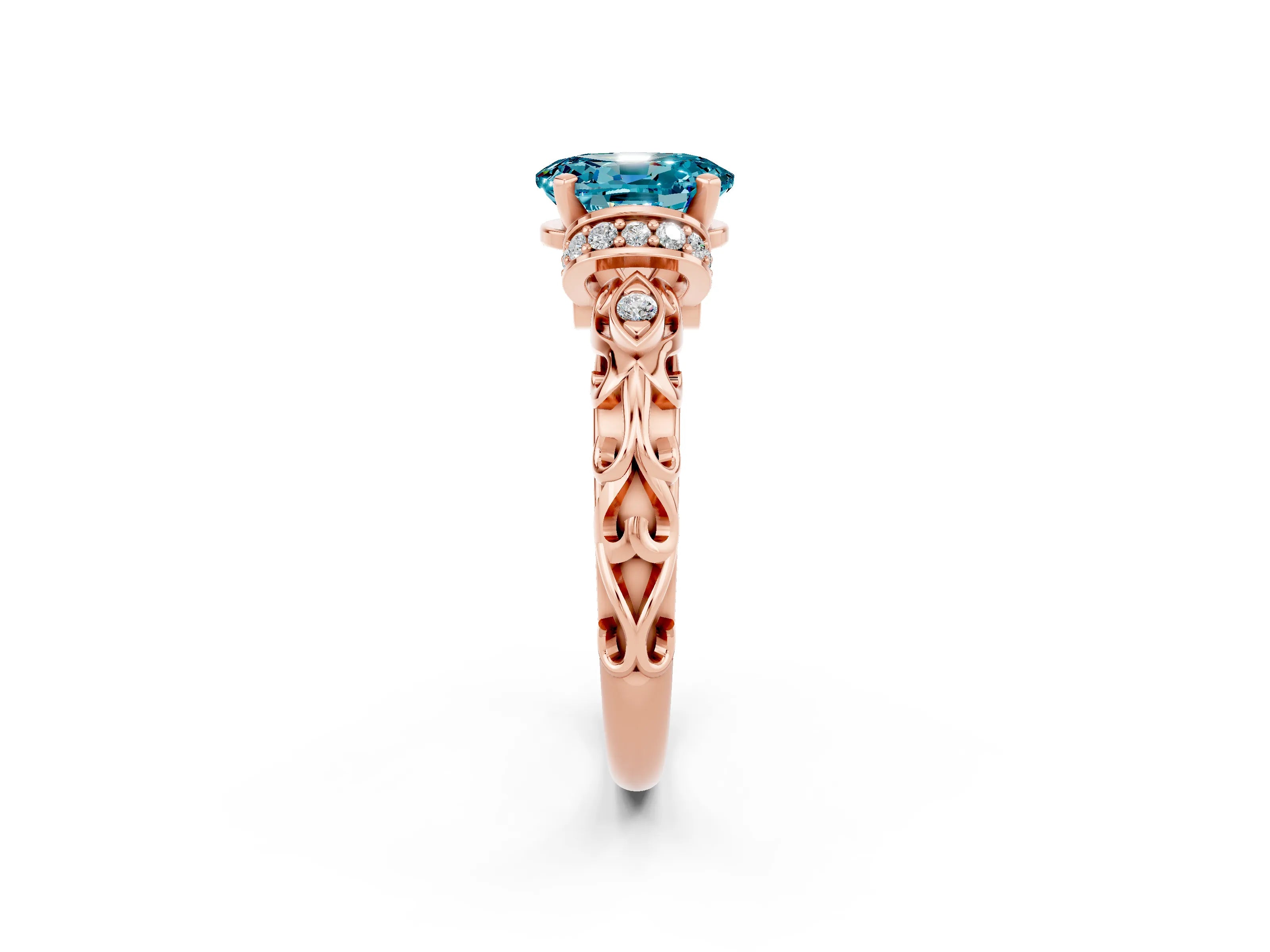 Rose gold Oval Cut Blue Topaz Solitaire Ring with Filigree Band and Four-Prong Setting_26