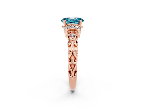 Rose gold Oval Cut Blue Topaz Solitaire Ring with Filigree Band and Four-Prong Setting_26
