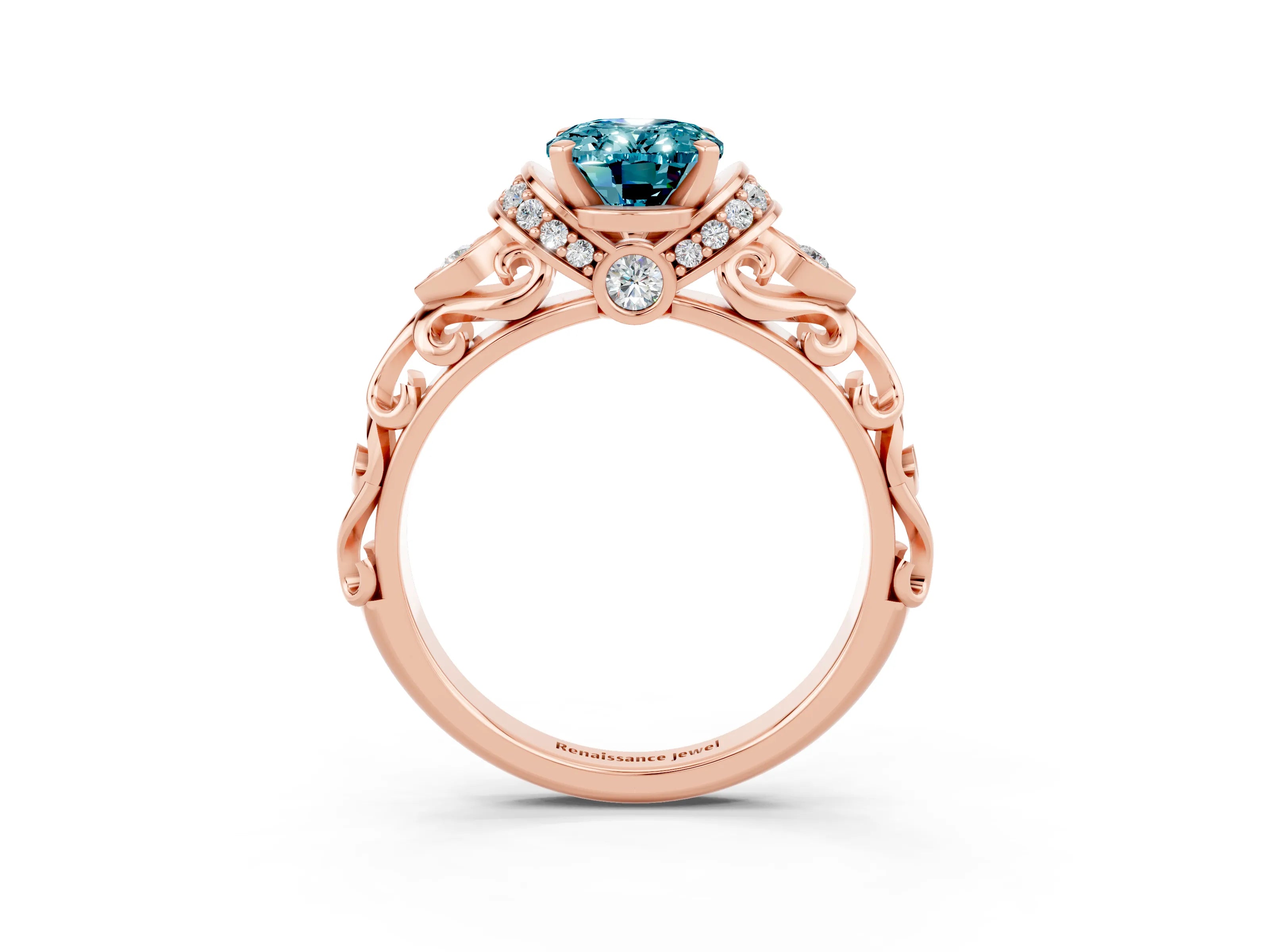 Rose gold Oval Cut Blue Topaz Solitaire Ring with Filigree Band and Four-Prong Setting_27