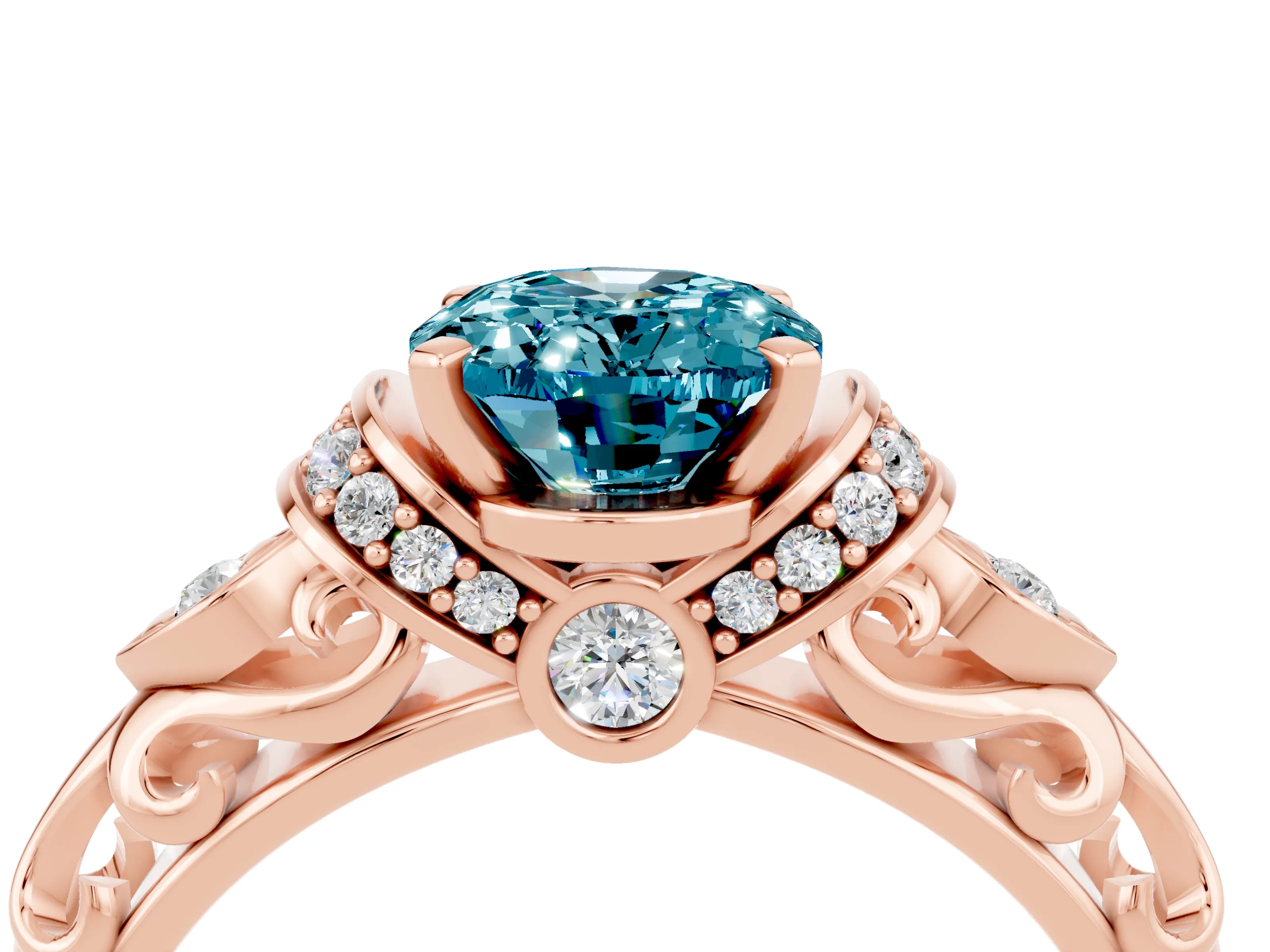 Rose gold Oval Cut Blue Topaz Solitaire Ring with Filigree Band and Four-Prong Setting_28