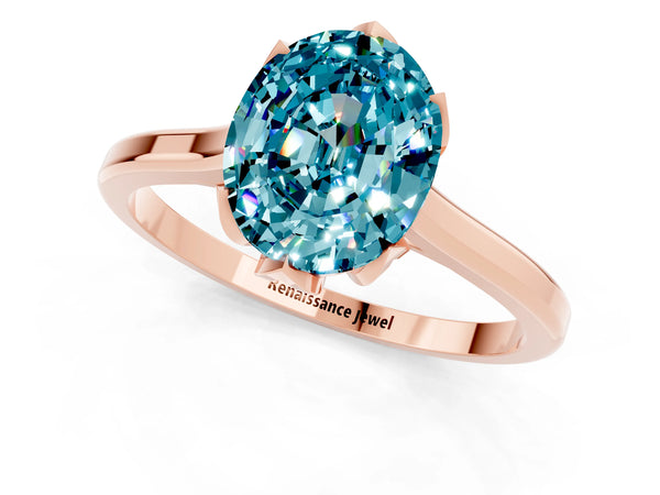 Rose gold Oval Cut Blue Topaz Solitaire Ring with Flower Prong Setting and Classic Band