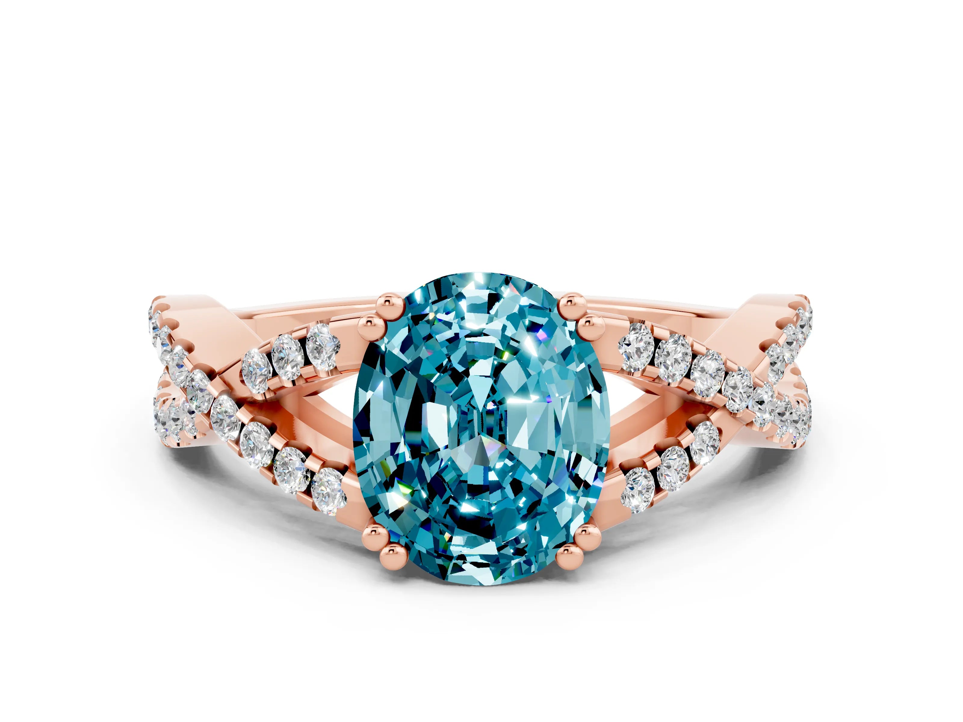 Rose gold Oval Cut Blue Topaz Solitaire Ring with Four-Prong Setting and Twisted Pavé Band