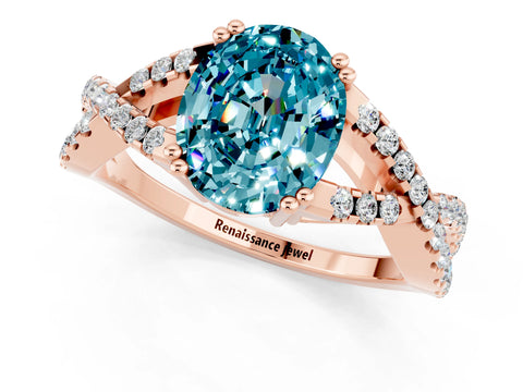 Rose gold Oval Cut Blue Topaz Solitaire Ring with Four-Prong Setting and Twisted Pavé Band_1