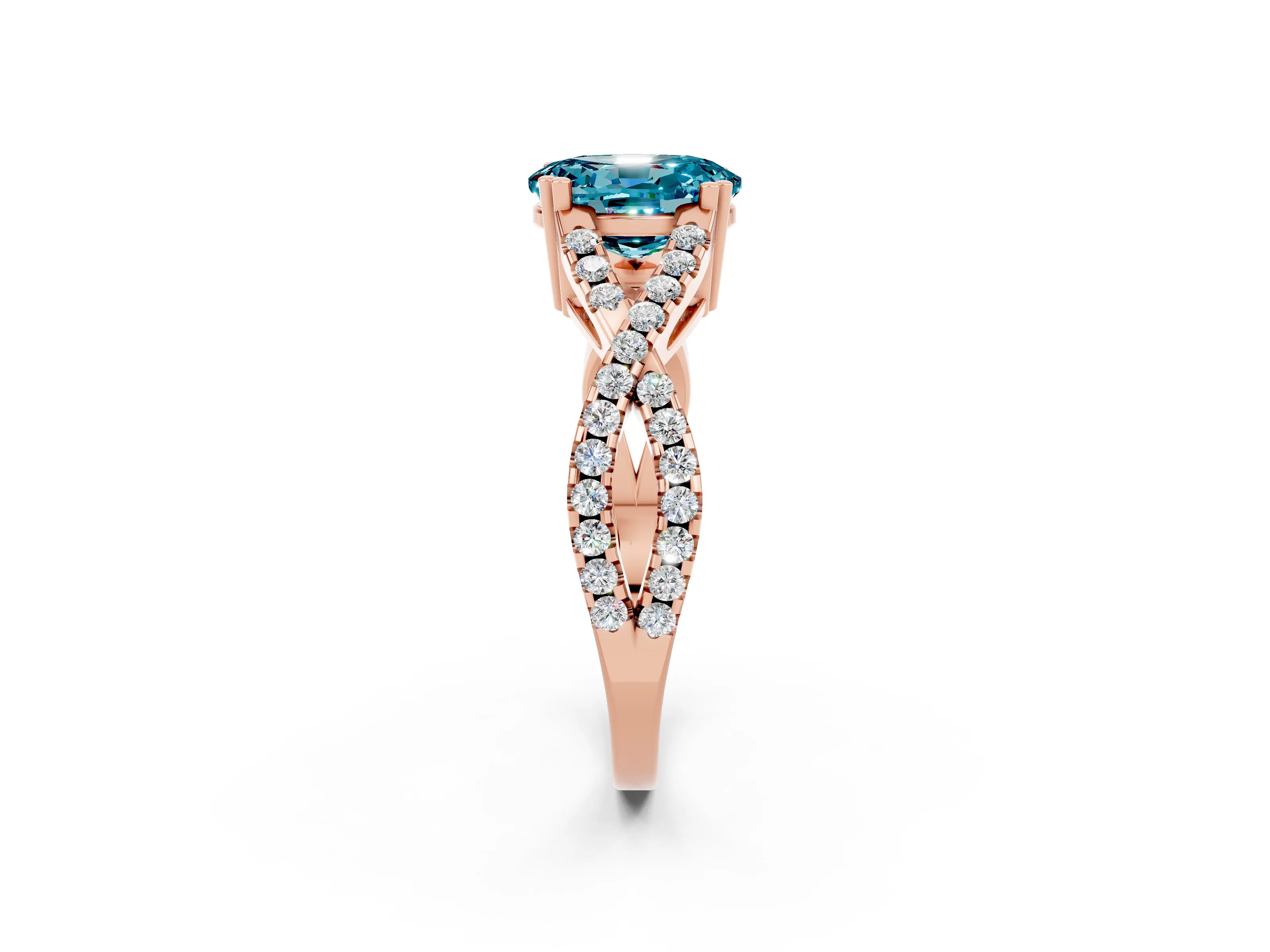 Rose gold Oval Cut Blue Topaz Solitaire Ring with Four-Prong Setting and Twisted Pavé Band_2