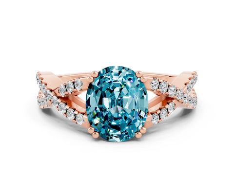 Rose gold Oval Cut Blue Topaz Solitaire Ring with Four-Prong Setting and Twisted Pavé Band