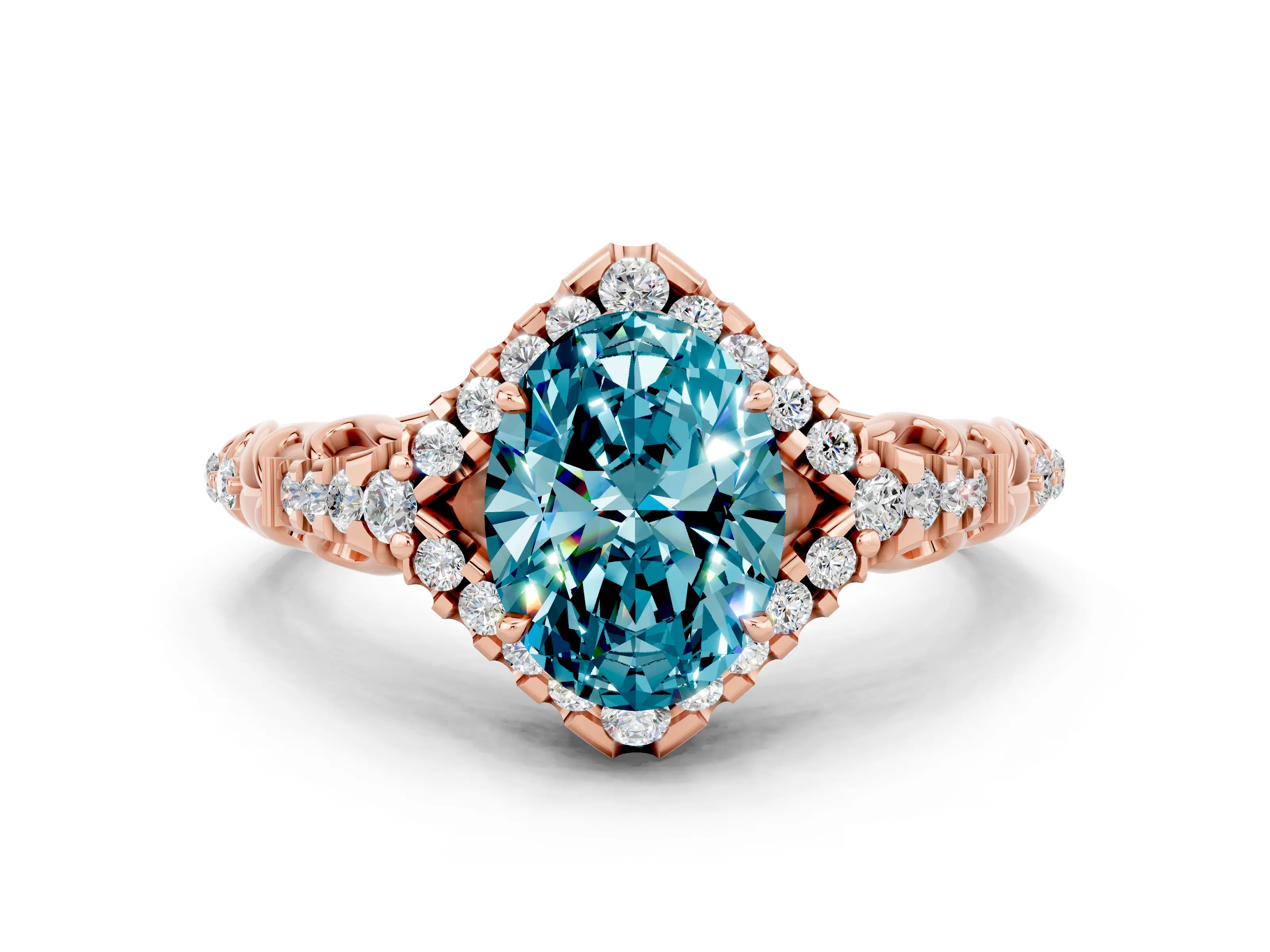 Rose gold Oval Cut Blue Topaz Solitaire Ring with Hidden Halo and Pavé Band_12