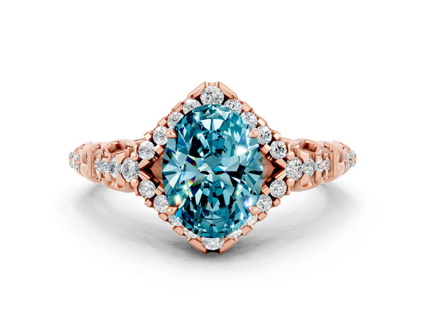 Rose gold Oval Cut Blue Topaz Solitaire Ring with Hidden Halo and Pavé Band