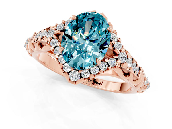 Rose gold Oval Cut Blue Topaz Solitaire Ring with Hidden Halo and Pavé Band