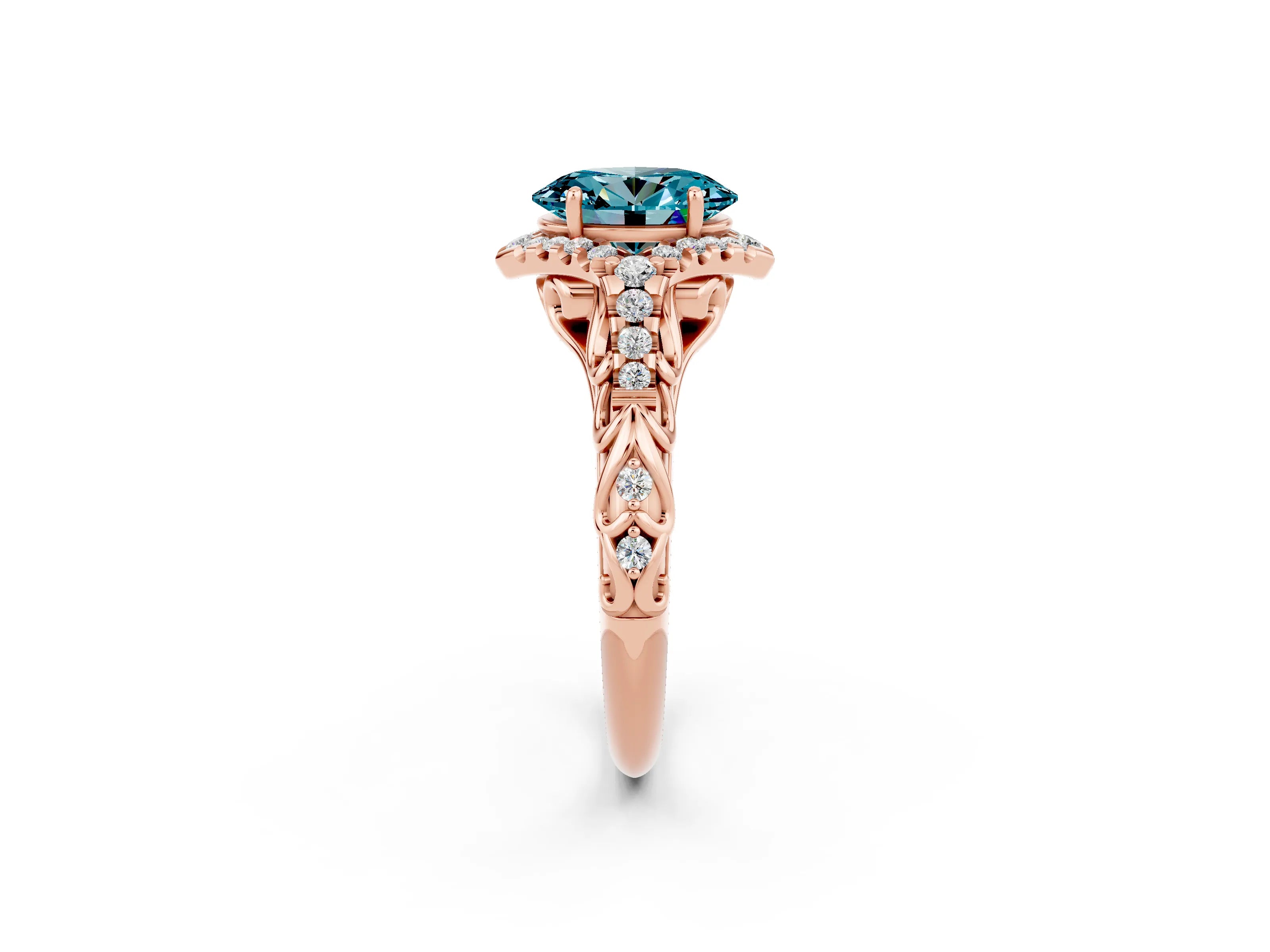 Rose gold Oval Cut Blue Topaz Solitaire Ring with Hidden Halo and Pavé Band_14