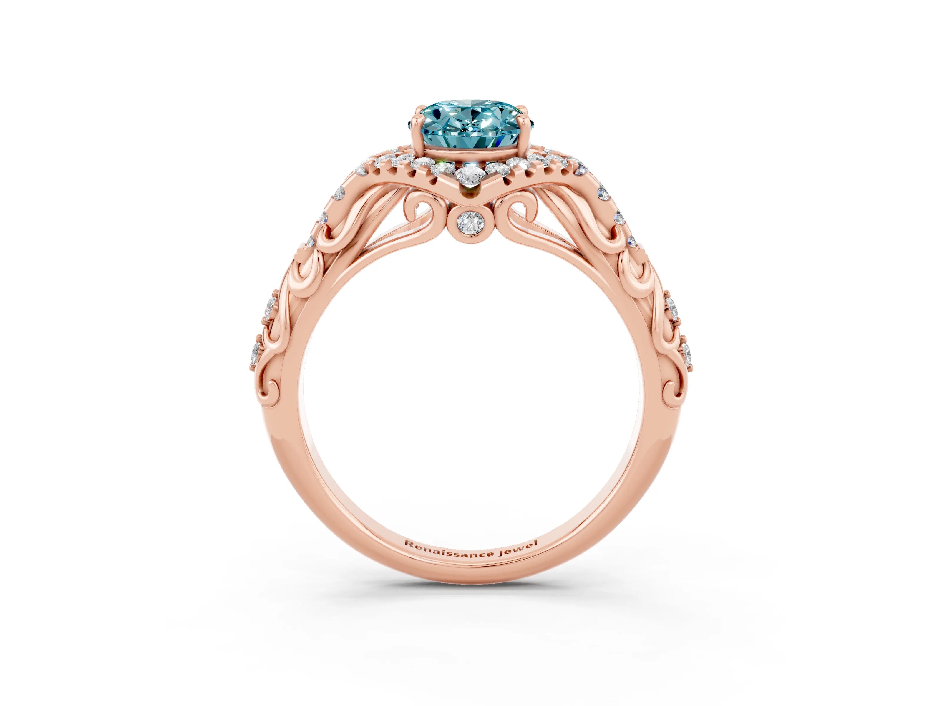 Rose gold Oval Cut Blue Topaz Solitaire Ring with Hidden Halo and Pavé Band_15