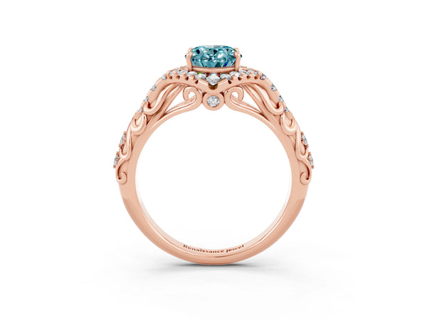 Rose gold Oval Cut Blue Topaz Solitaire Ring with Hidden Halo and Pavé Band