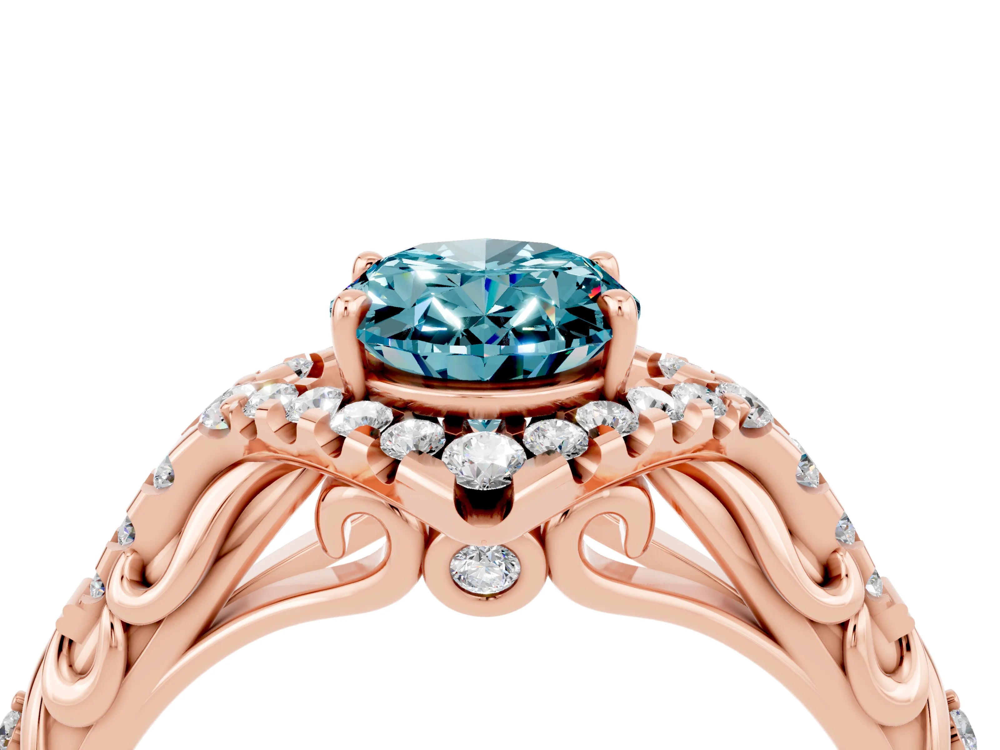 Rose gold Oval Cut Blue Topaz Solitaire Ring with Hidden Halo and Pavé Band_16