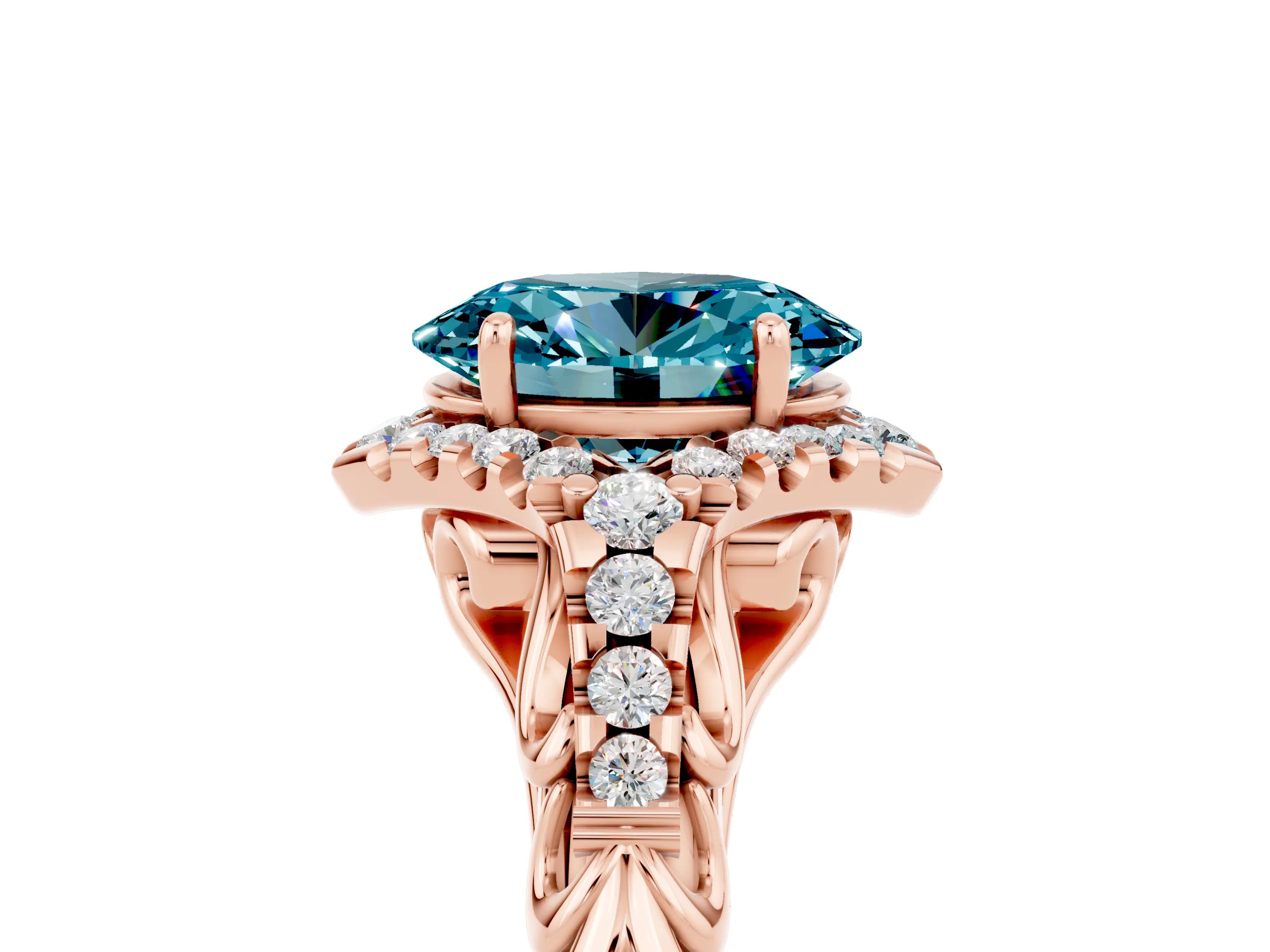 Rose gold Oval Cut Blue Topaz Solitaire Ring with Hidden Halo and Pavé Band_17