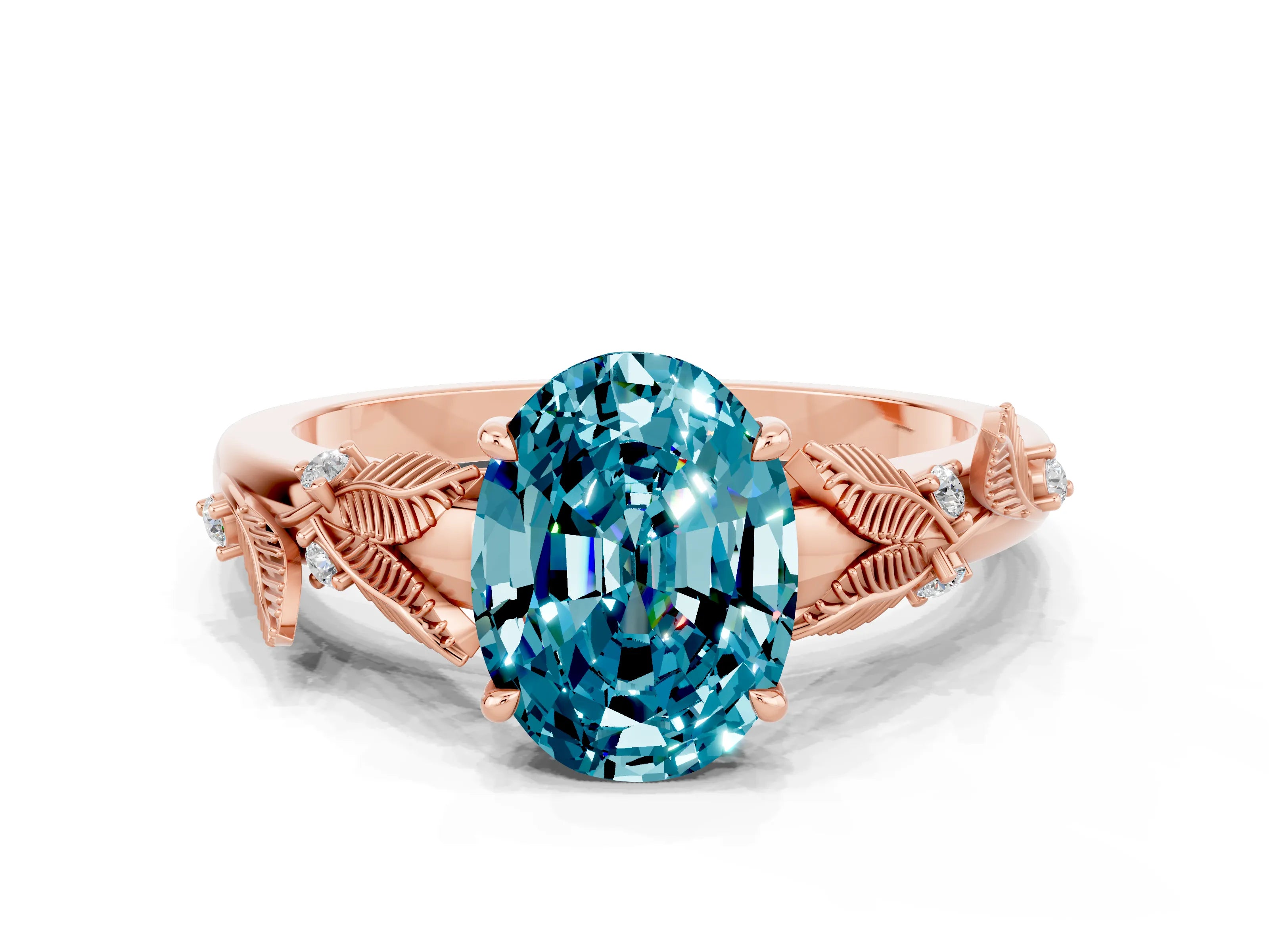 Rose gold Oval Cut Blue Topaz Solitaire Ring with Leaf Motif Band and Four-Prong Setting