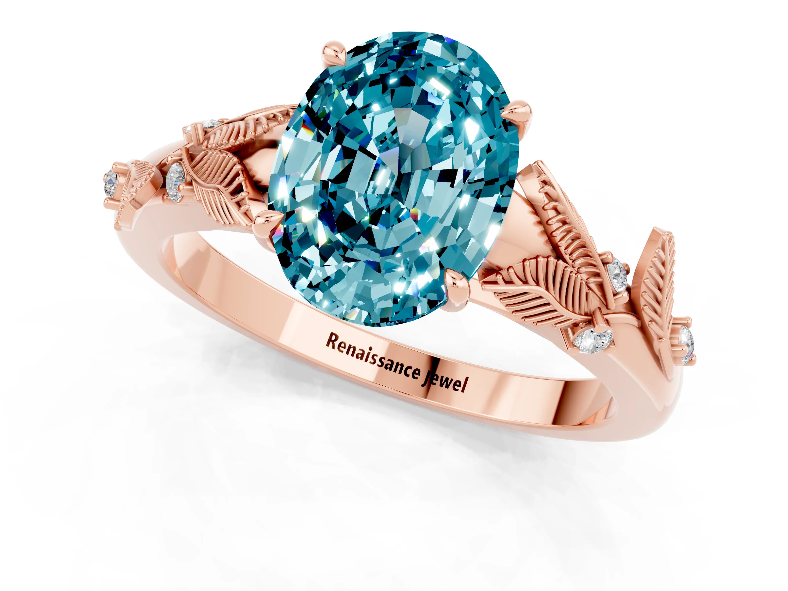 Rose gold Oval Cut Blue Topaz Solitaire Ring with Leaf Motif Band and Four-Prong Setting_1
