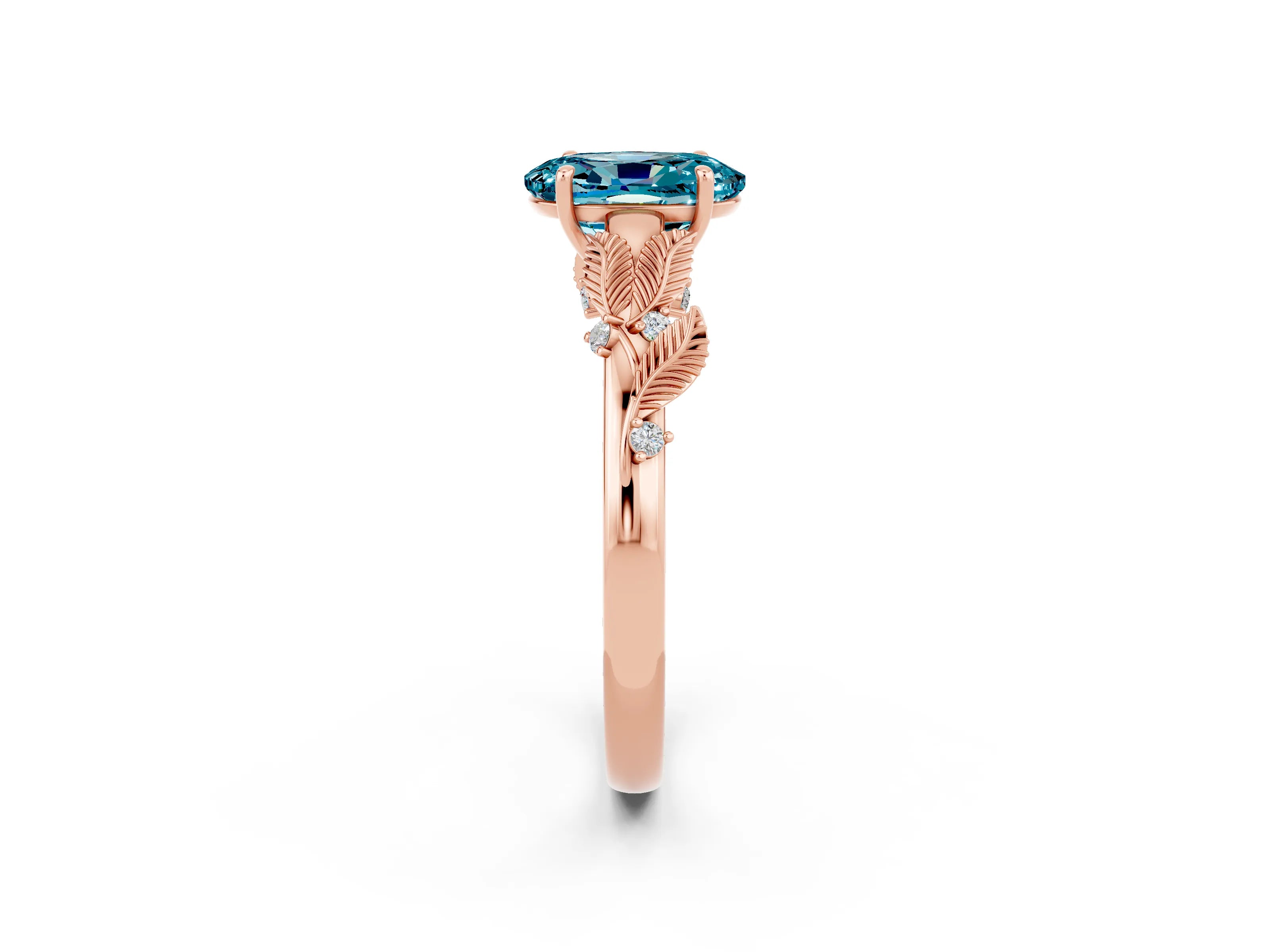 Rose gold Oval Cut Blue Topaz Solitaire Ring with Leaf Motif Band and Four-Prong Setting_2