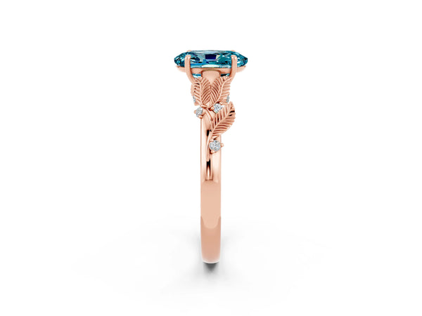 Rose gold Oval Cut Blue Topaz Solitaire Ring with Leaf Motif Band and Four-Prong Setting
