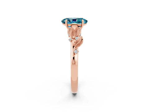 Rose gold Oval Cut Blue Topaz Solitaire Ring with Leaf Motif Band and Four-Prong Setting_2