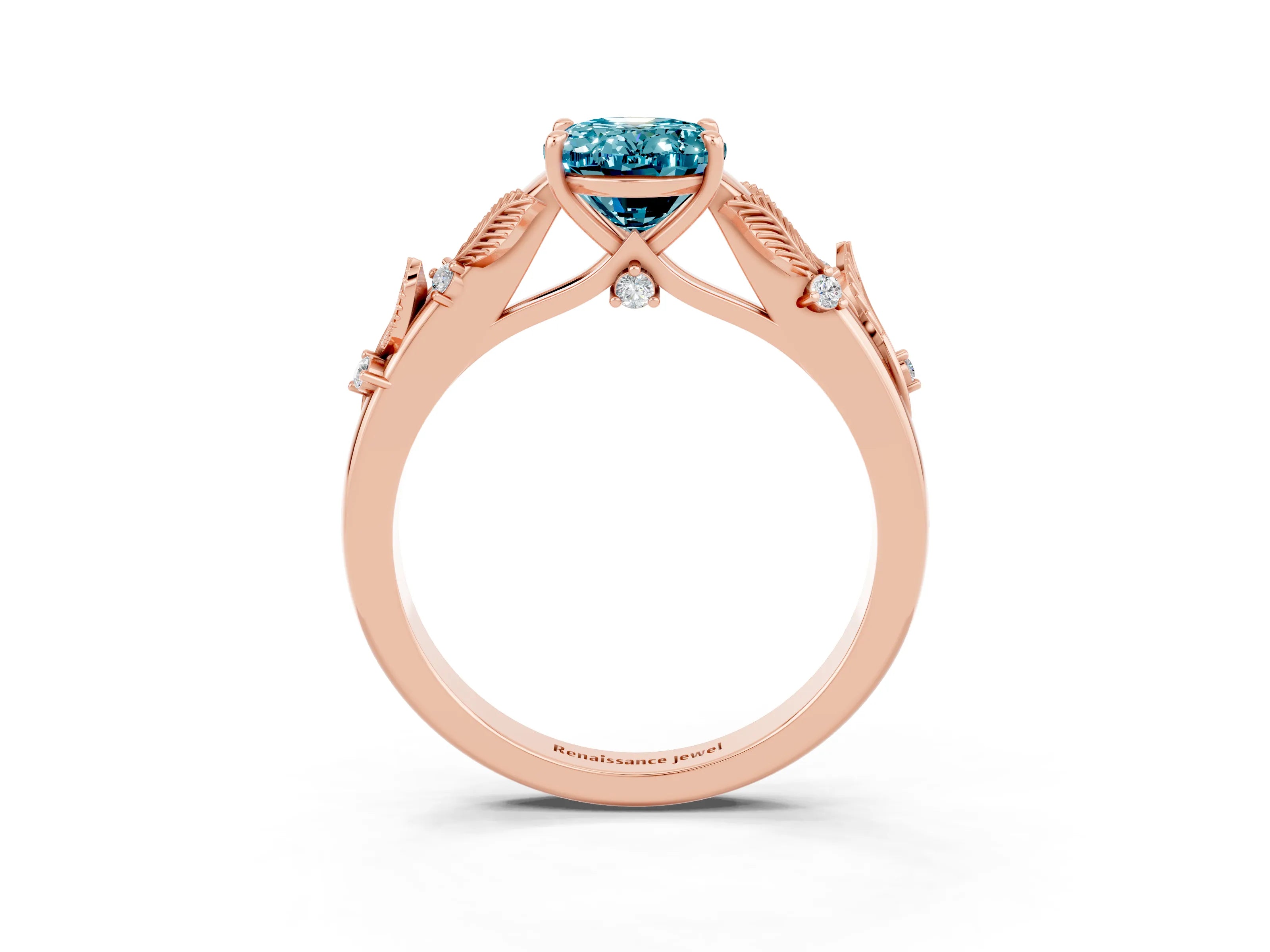 Rose gold Oval Cut Blue Topaz Solitaire Ring with Leaf Motif Band and Four-Prong Setting_3