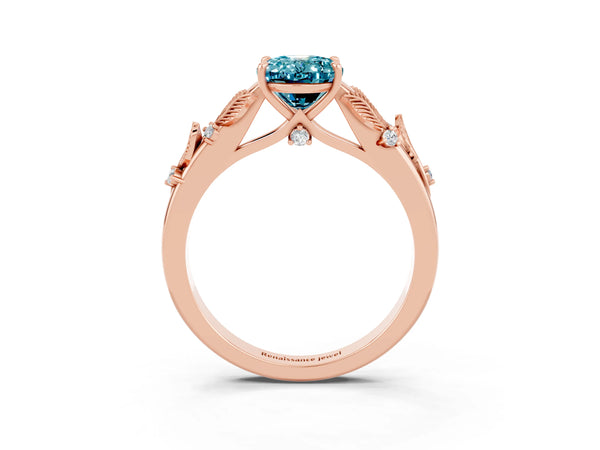 Rose gold Oval Cut Blue Topaz Solitaire Ring with Leaf Motif Band and Four-Prong Setting