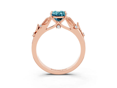 Rose gold Oval Cut Blue Topaz Solitaire Ring with Leaf Motif Band and Four-Prong Setting_3