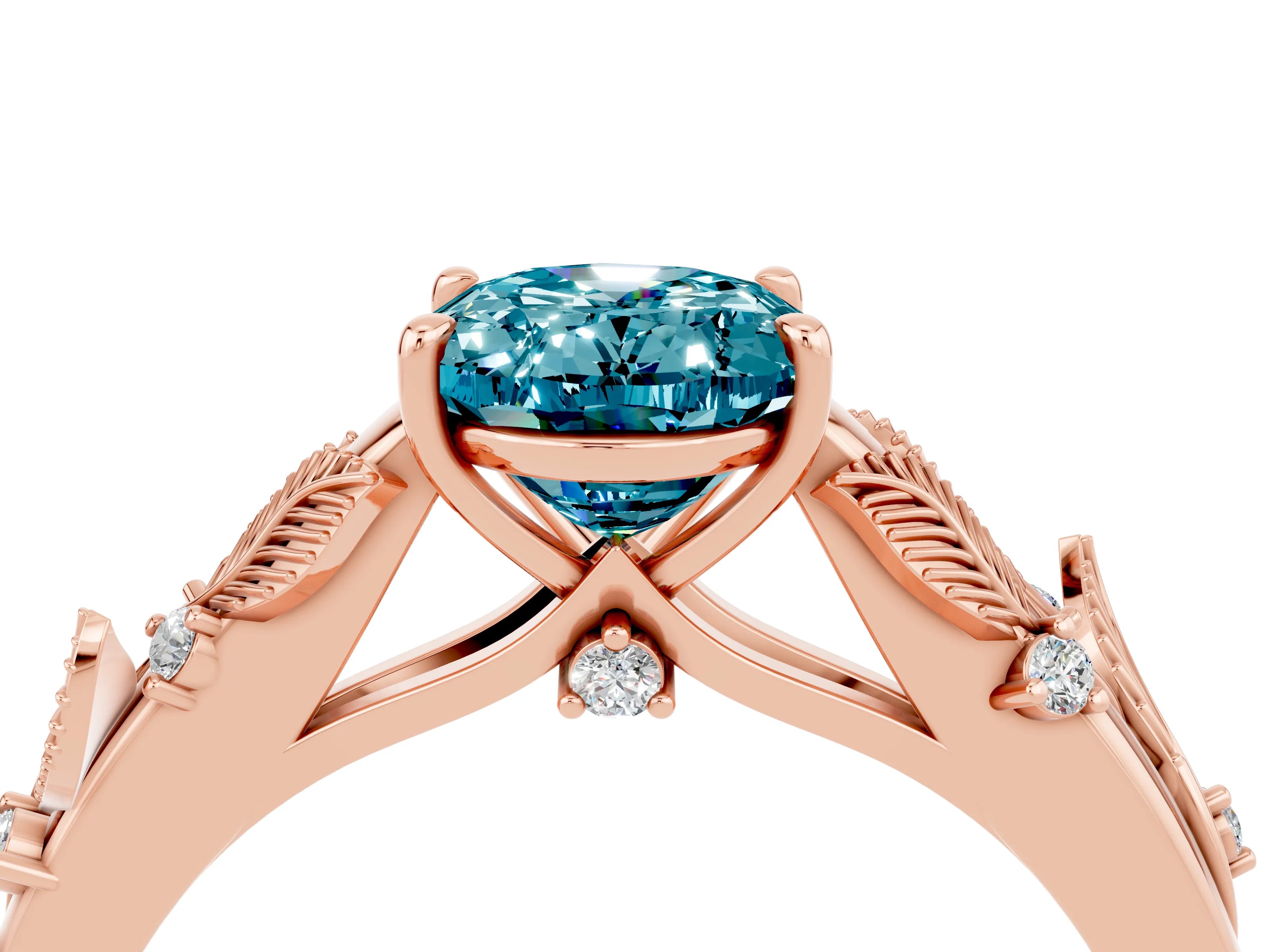 Rose gold Oval Cut Blue Topaz Solitaire Ring with Leaf Motif Band and Four-Prong Setting_4