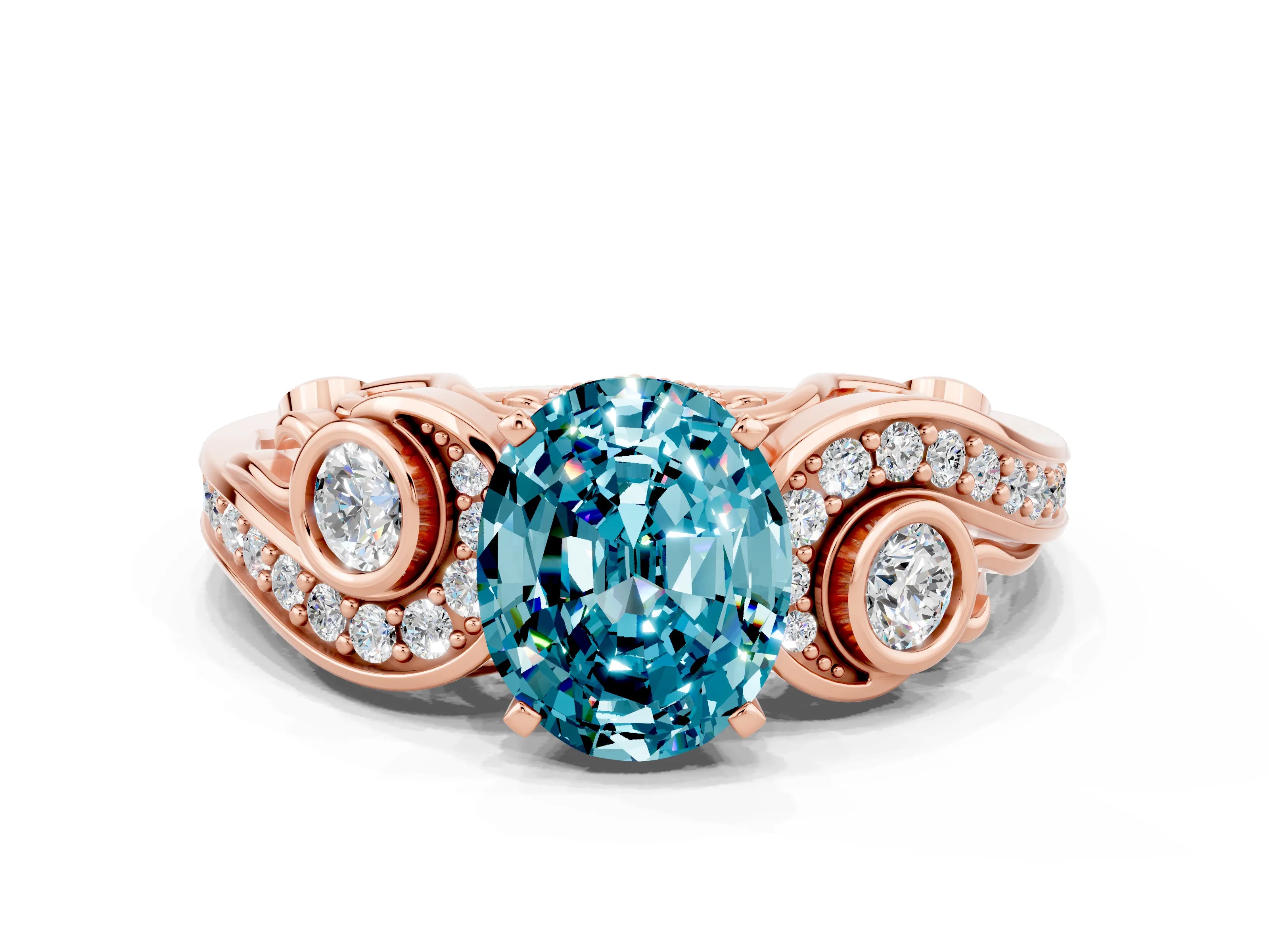 Rose gold Oval Cut Blue Topaz Solitaire Ring with Milgrain Pavé Band and Four-Prong Setting_24