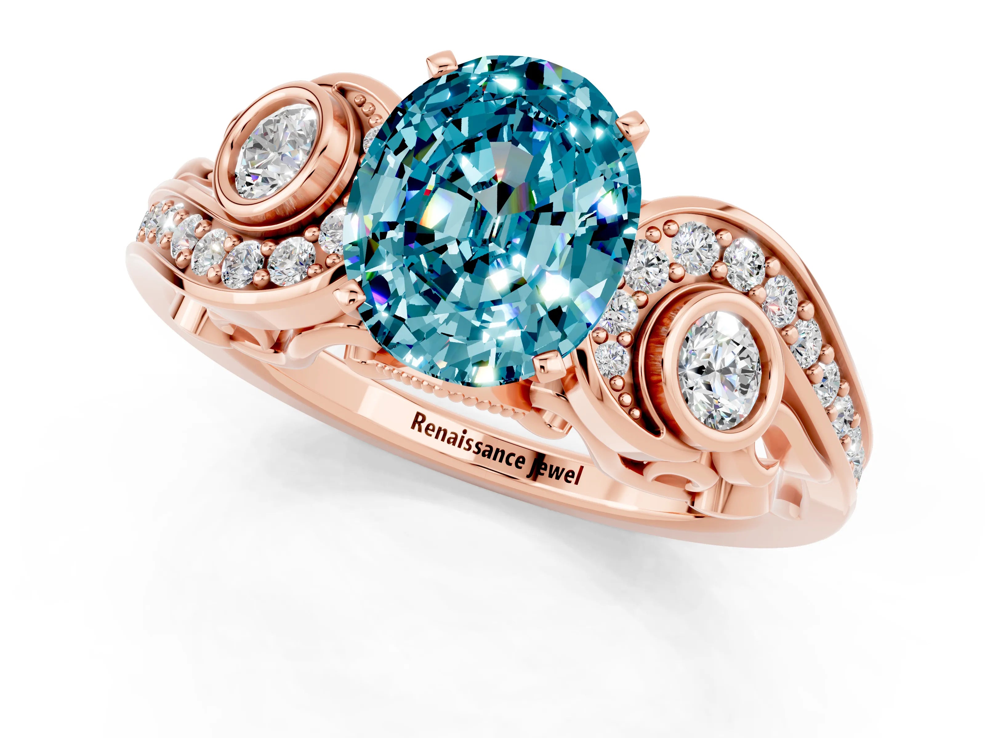 Rose gold Oval Cut Blue Topaz Solitaire Ring with Milgrain Pavé Band and Four-Prong Setting_25