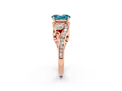 Rose gold Oval Cut Blue Topaz Solitaire Ring with Milgrain Pavé Band and Four-Prong Setting_26