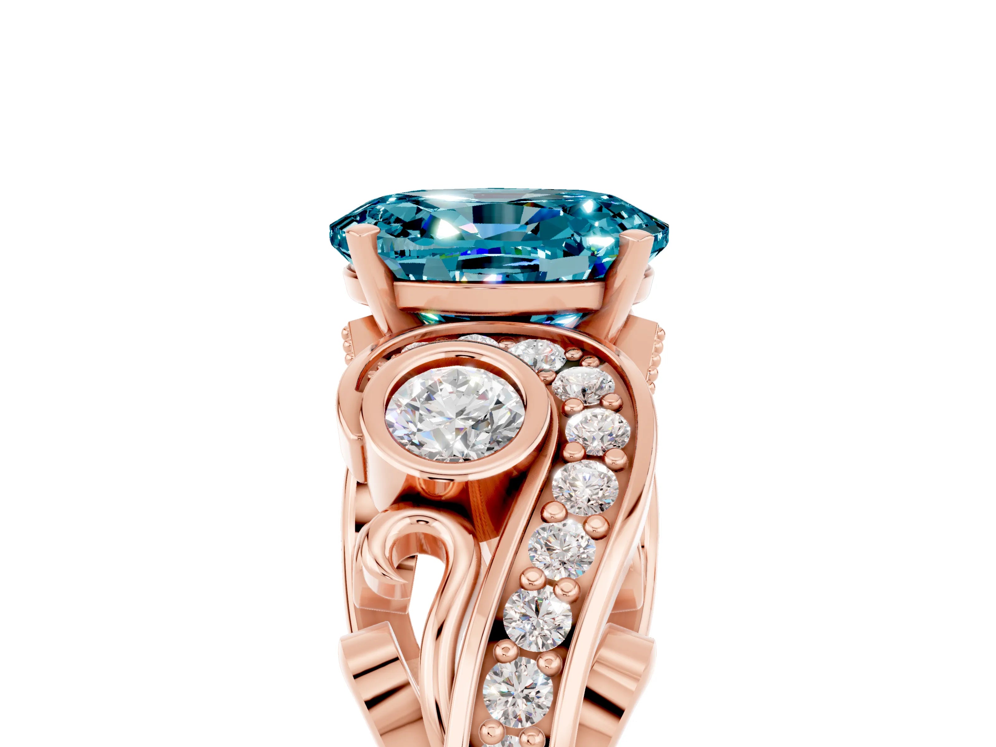 Rose gold Oval Cut Blue Topaz Solitaire Ring with Milgrain Pavé Band and Four-Prong Setting_29