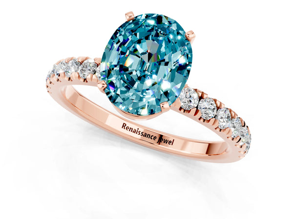 Rose gold Oval Cut Blue Topaz Solitaire Ring with Pavé Accents and Four-Prong Setting