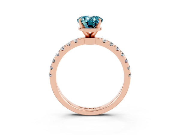 Rose gold Oval Cut Blue Topaz Solitaire Ring with Pavé Accents and Four-Prong Setting