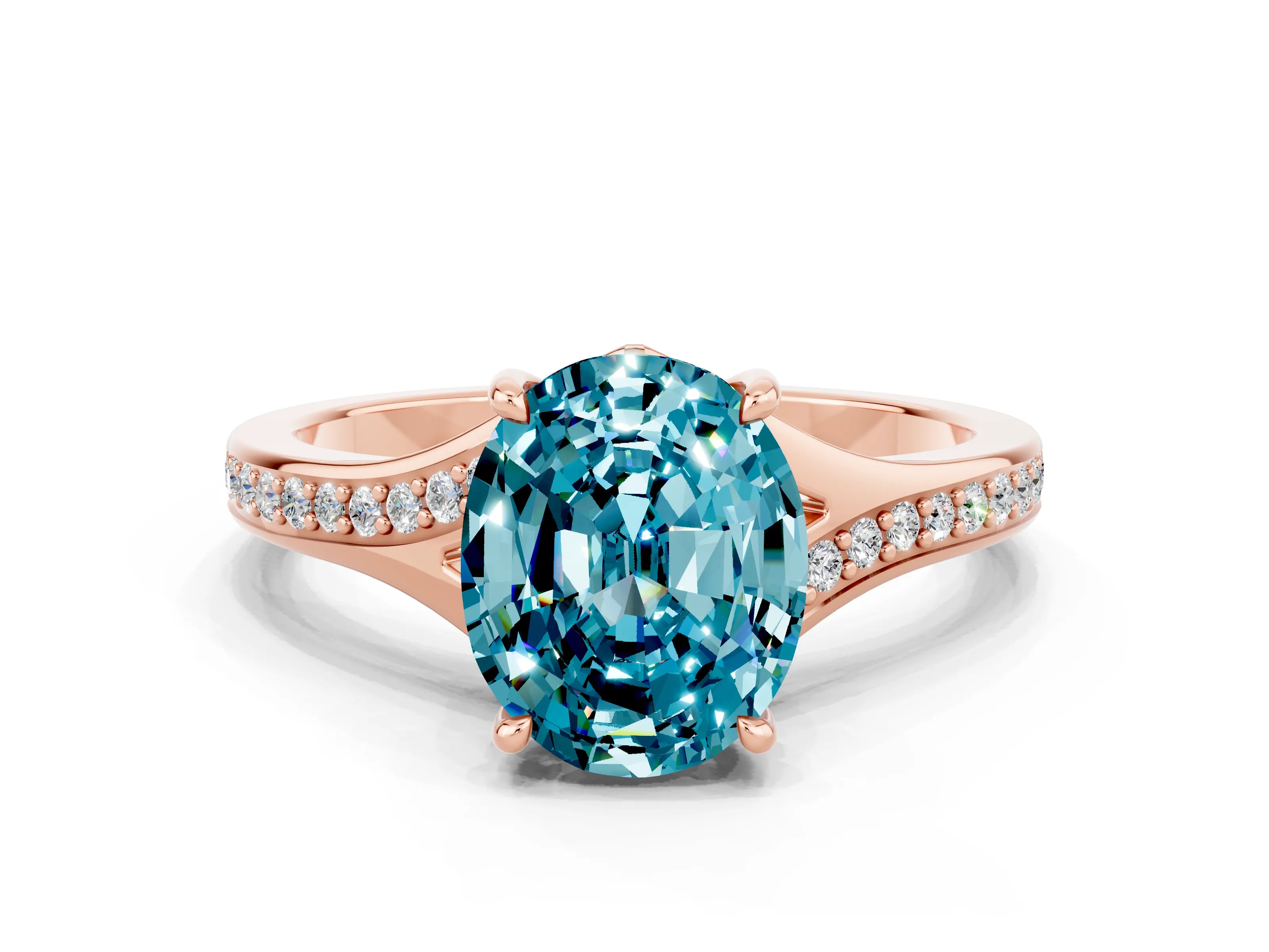 Rose gold Oval Cut Blue Topaz Solitaire Ring with Pavé Band and Prong Setting