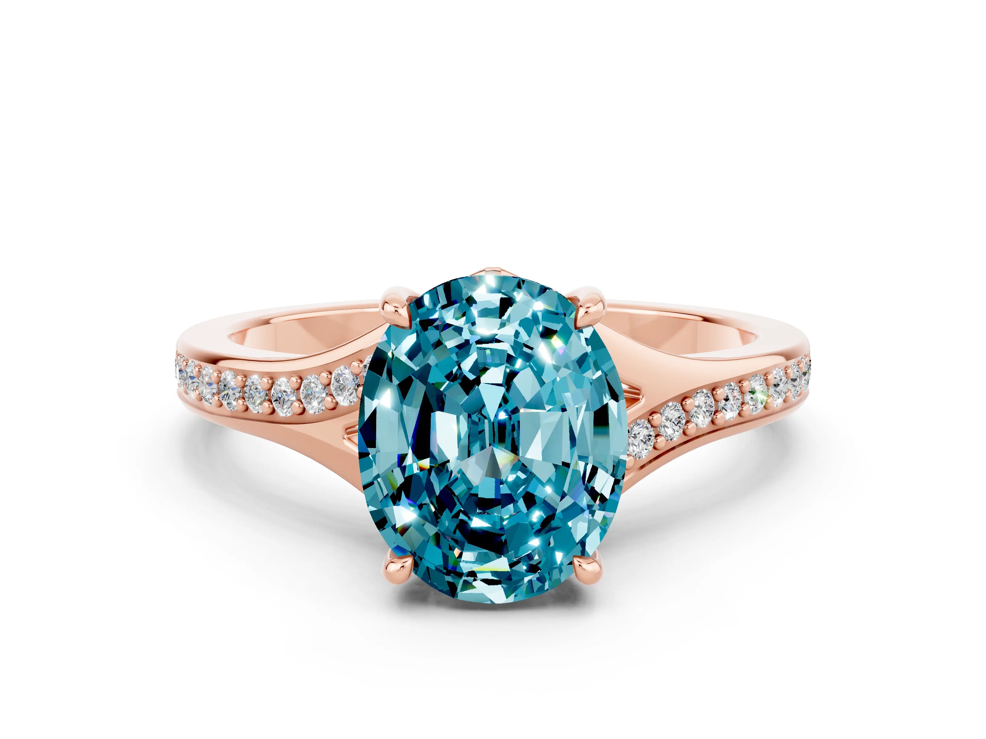 Rose gold Oval Cut Blue Topaz Solitaire Ring with Pavé Band and Prong Setting_12