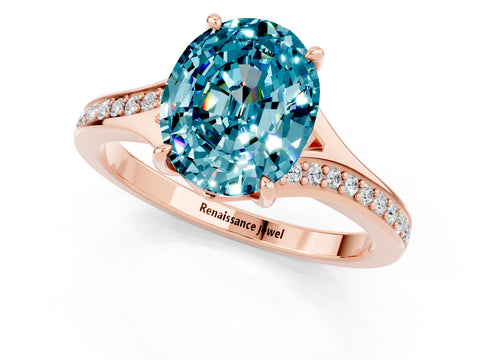 Rose gold Oval Cut Blue Topaz Solitaire Ring with Pavé Band and Prong Setting_13