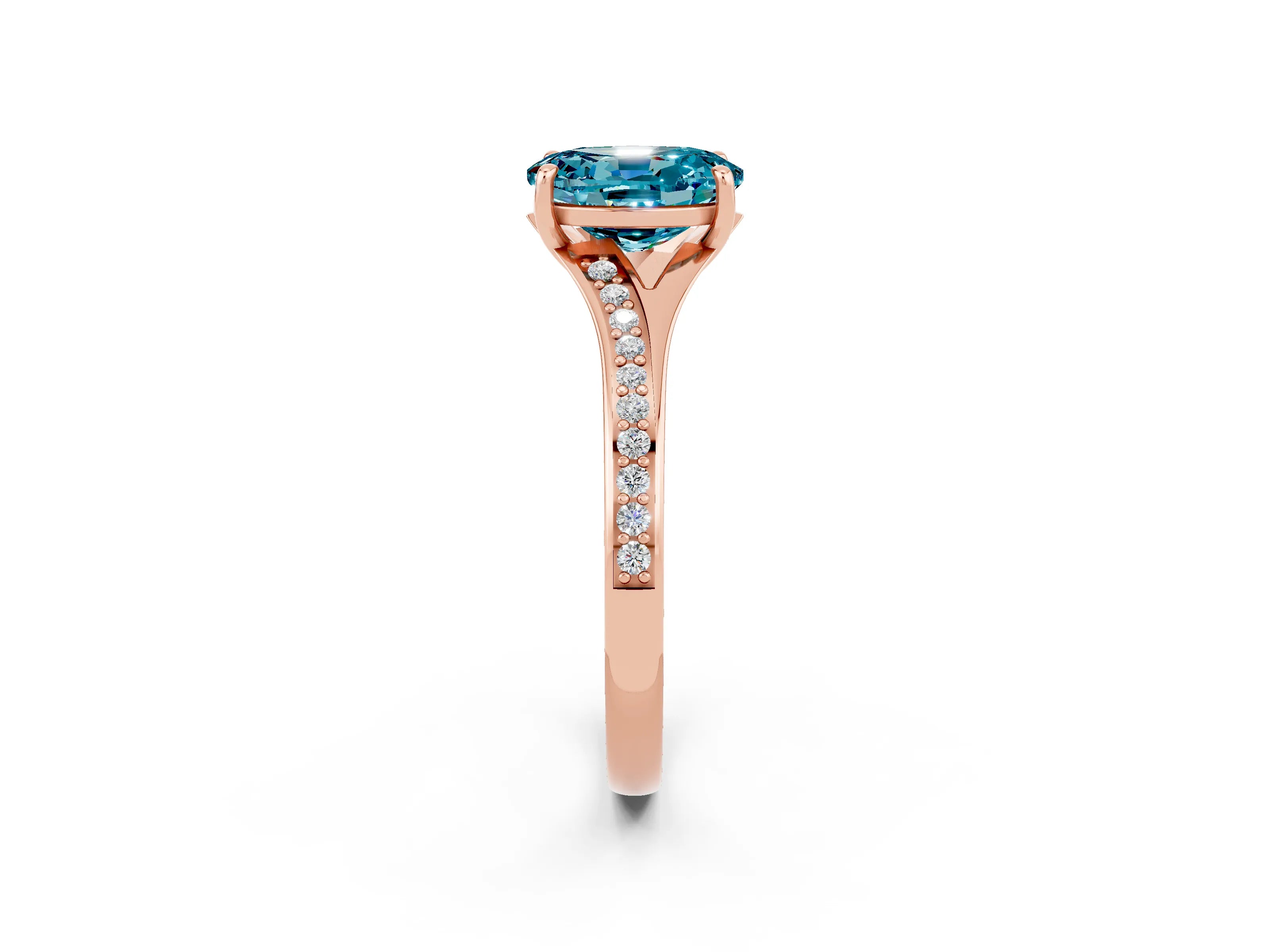 Rose gold Oval Cut Blue Topaz Solitaire Ring with Pavé Band and Prong Setting_14