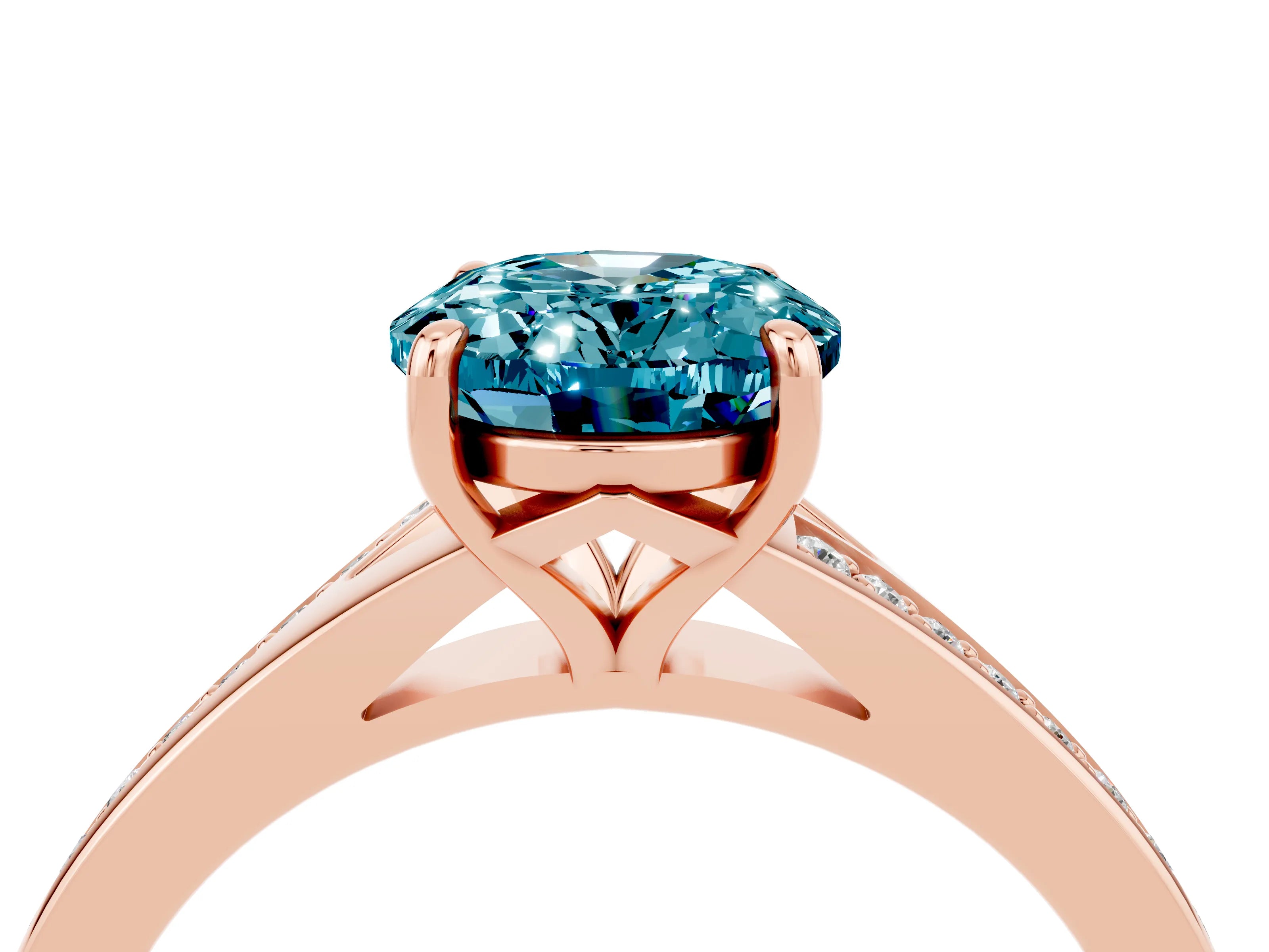 Rose gold Oval Cut Blue Topaz Solitaire Ring with Pavé Band and Prong Setting_16