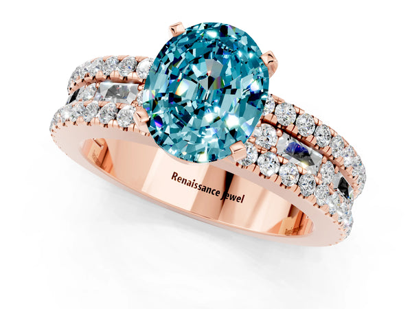 Rose gold Oval Cut Blue Topaz Solitaire Ring with Pavé and Channel Set Band