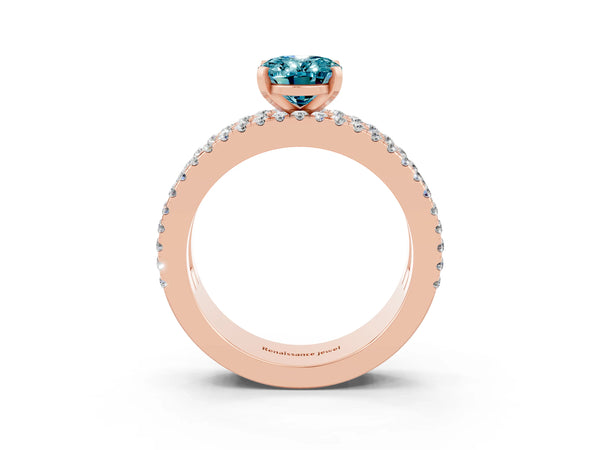 Rose gold Oval Cut Blue Topaz Solitaire Ring with Pavé and Channel Set Band