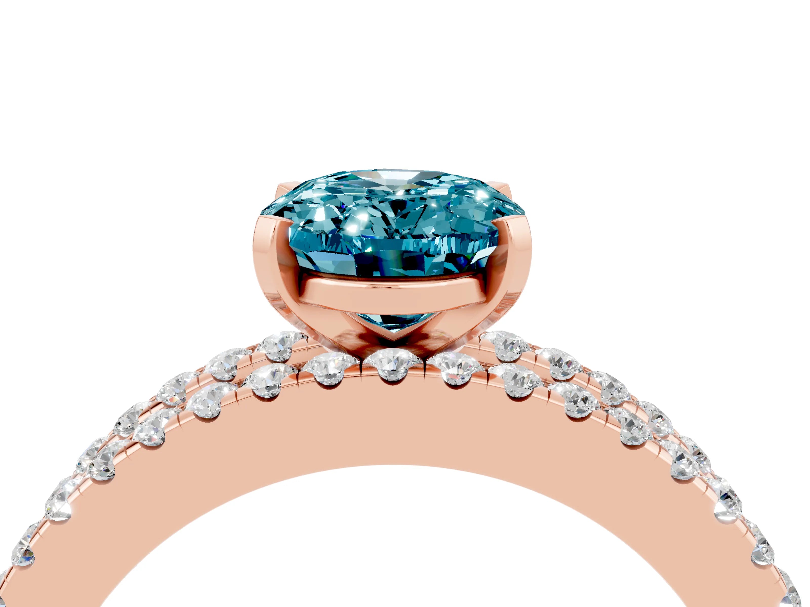 Rose gold Oval Cut Blue Topaz Solitaire Ring with Pavé and Channel Set Band_4