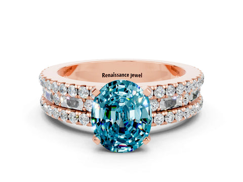 Rose gold Oval Cut Blue Topaz Solitaire Ring with Pavé and Channel Set Band