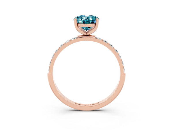 Rose gold Oval Cut Blue Topaz Solitaire Ring with Round  Pavé Band and Prong Setting