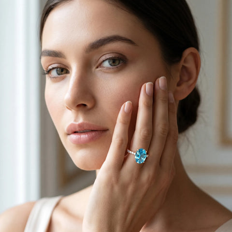 Rose gold Oval Cut Blue Topaz Solitaire Ring with Round  Pavé Band and Four-Prong Setting_55