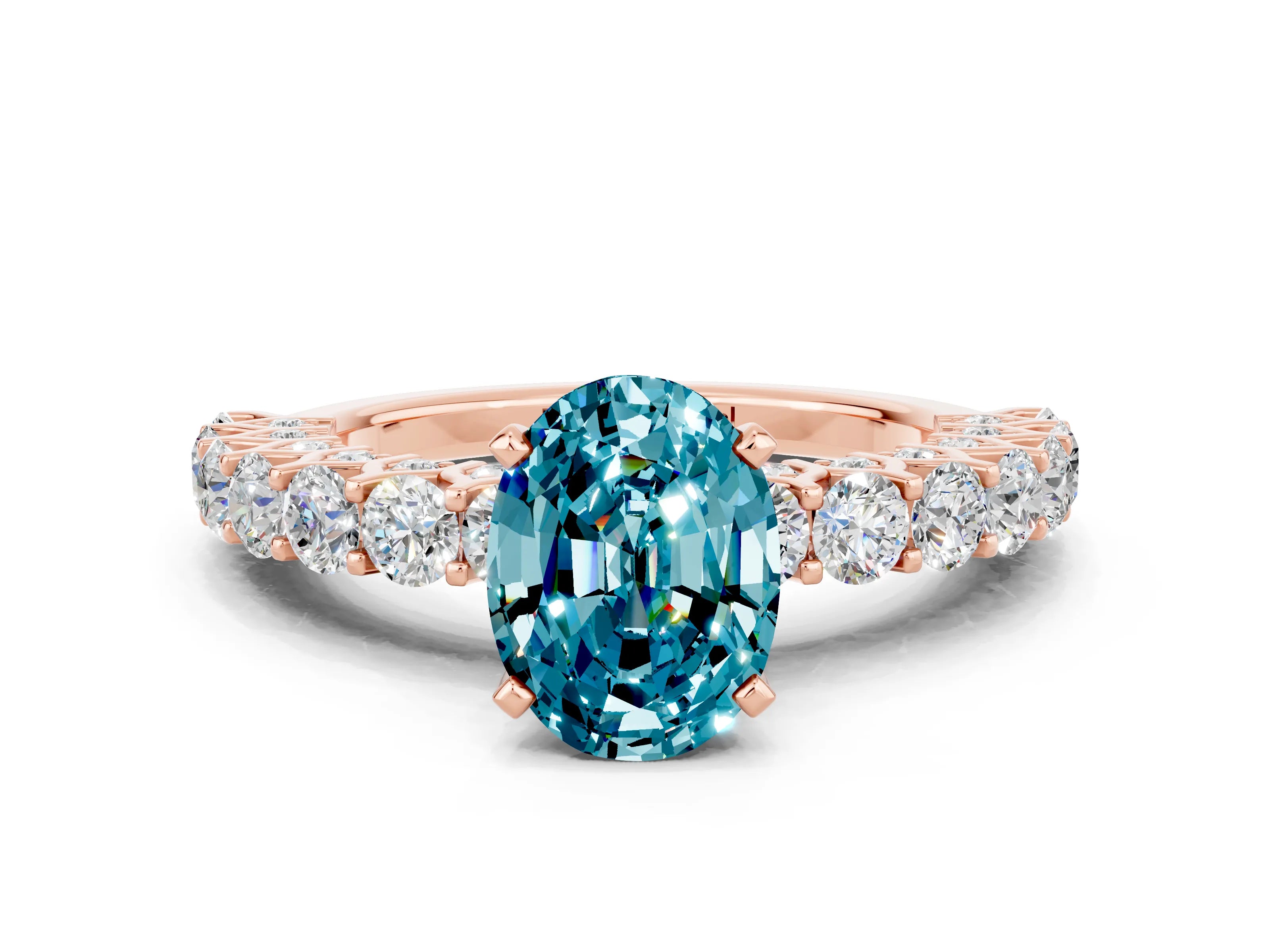 Rose gold Oval Cut Blue Topaz Solitaire Ring with Shared Prong Pavé Band and Four-Prong Setting