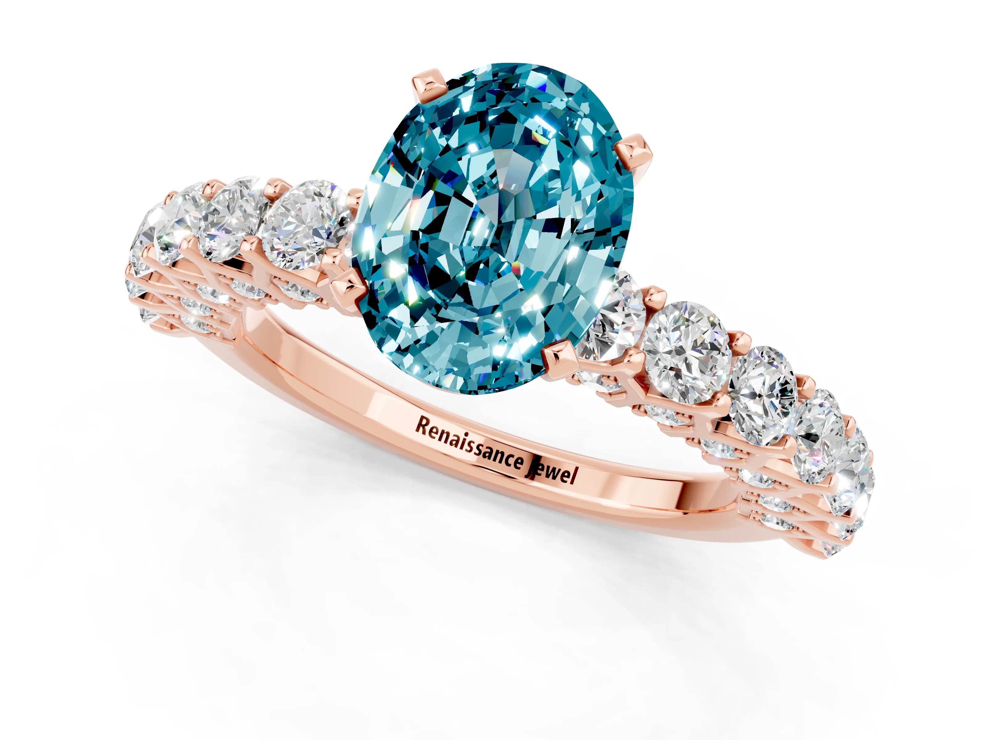Rose gold Oval Cut Blue Topaz Solitaire Ring with Shared Prong Pavé Band and Four-Prong Setting_1