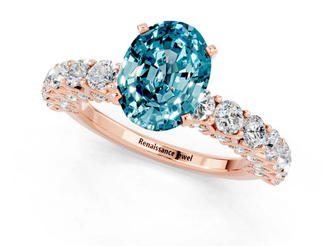 Rose gold Oval Cut Blue Topaz Solitaire Ring with Shared Prong Pavé Band and Four-Prong Setting_1