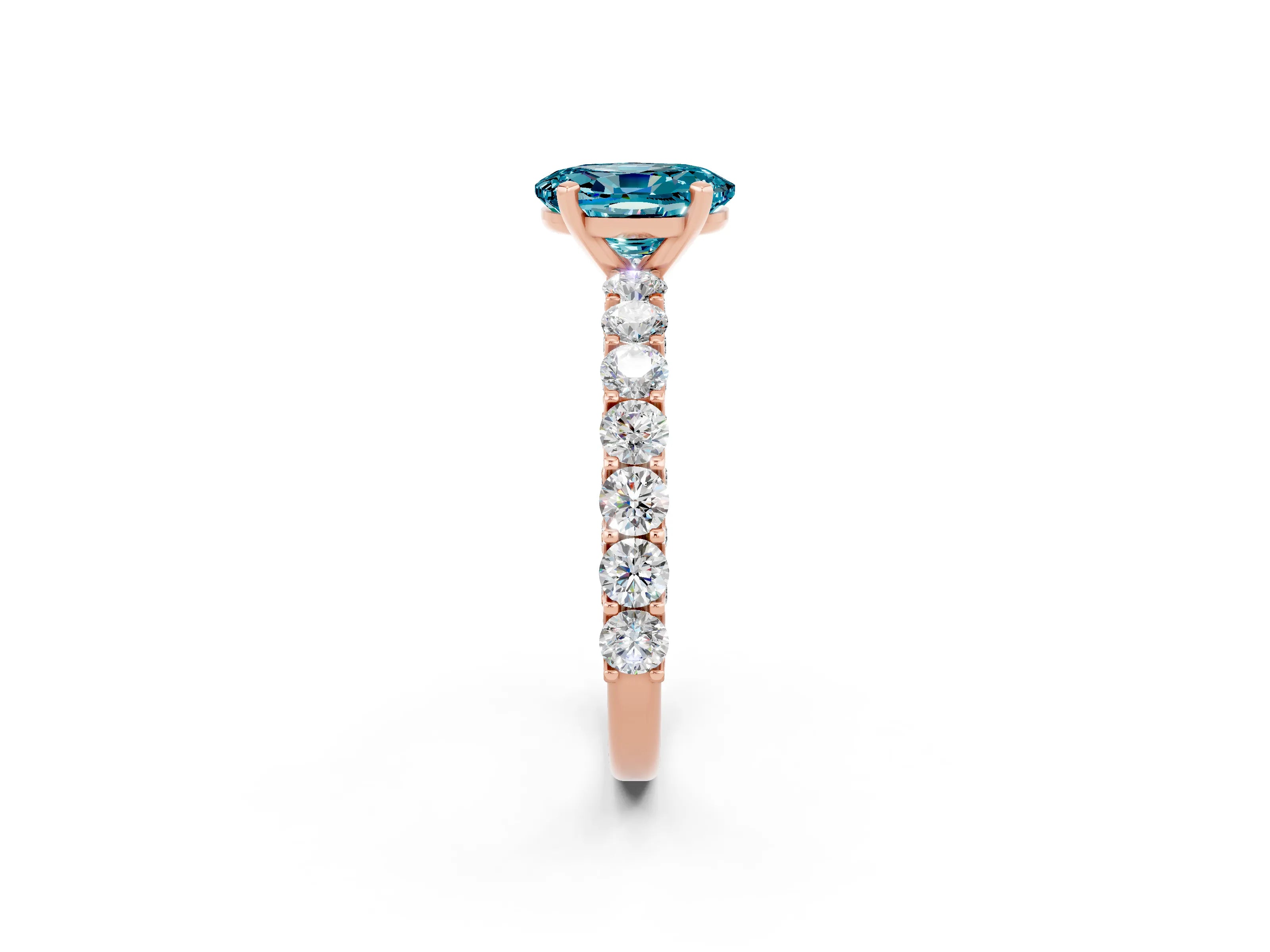 Rose gold Oval Cut Blue Topaz Solitaire Ring with Shared Prong Pavé Band and Four-Prong Setting_2