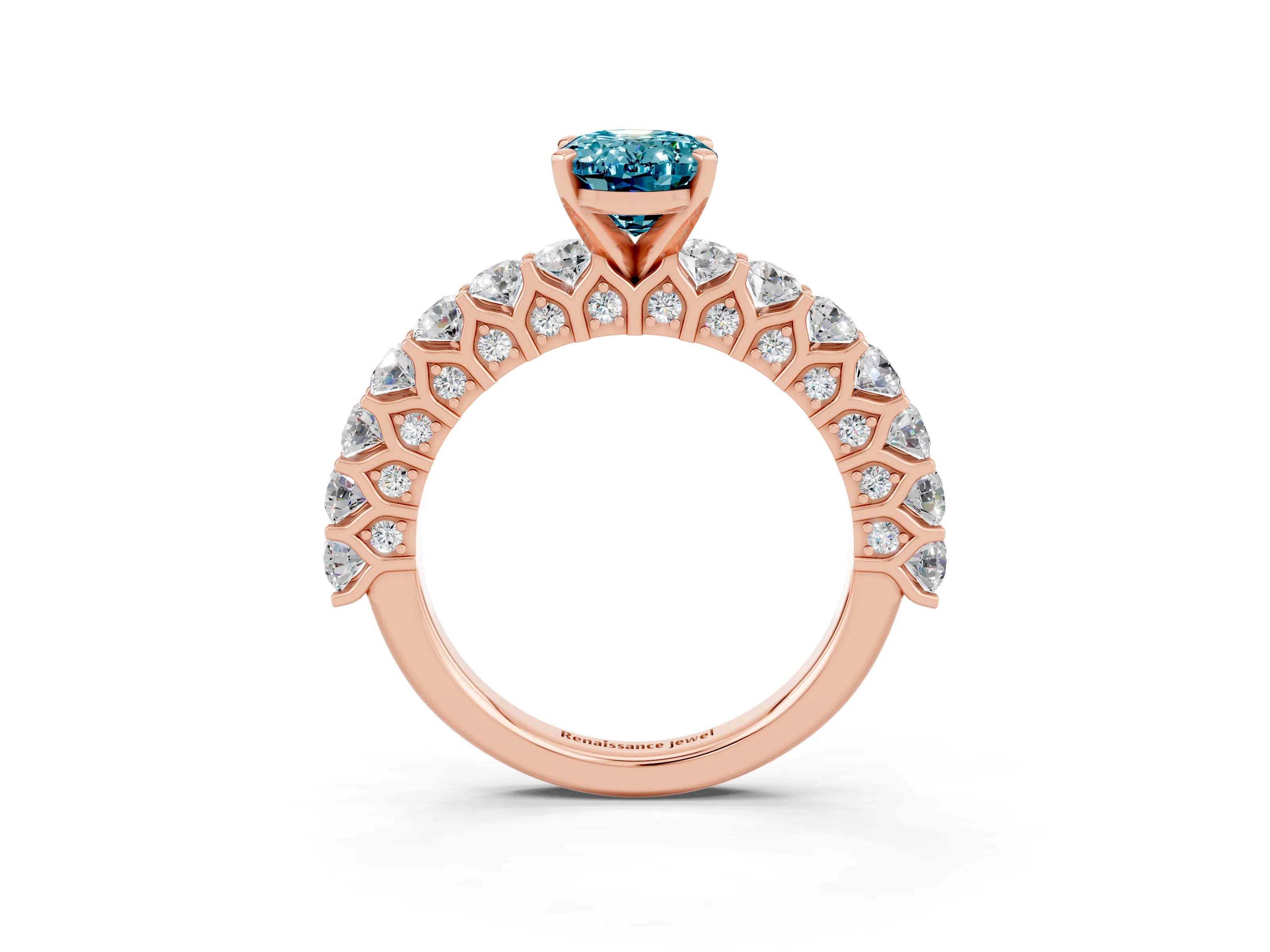 Rose gold Oval Cut Blue Topaz Solitaire Ring with Shared Prong Pavé Band and Four-Prong Setting_3